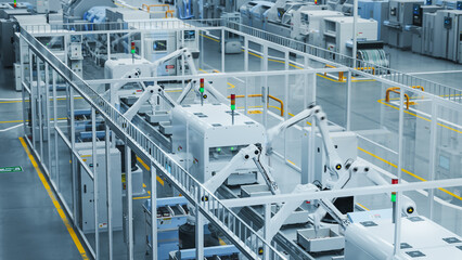 Leinwandbilder - 3D Render Of a Modern Manufacturing Plant with Advanced Robotic Arms Operating an Assembly Line with Electronic Components Moving on a Conveyor Belt. Factory Producing Large Amounts of Devices.