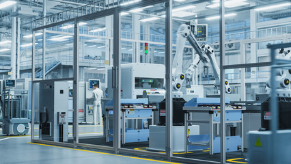 Leinwandbilder - 3D Render Of Electronics Components Manufacture: Automated Robotic Arm Assembly Line in Futuristic Facility with Robots Producing Advanced High-Tech Sustainable Parts for Information Technology.