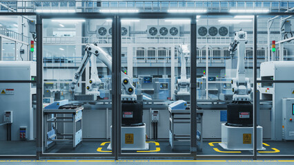 Fototapete - 3D Render Of Robotic Arm Conveyor Line Manufacturing Industrial Electronic Devices. Advanced Automated AI Assembly Line Producing High-Tech Products for the Information Technology Industry.