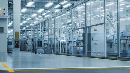 Leinwandbilder - 3D Render: Automated Support Vehicles Transport Electrical Components, Circuit Boards and Microchips. Separate Facility with an Assembly Line Producing High-Quality Precise Equipment with Robotic Arms