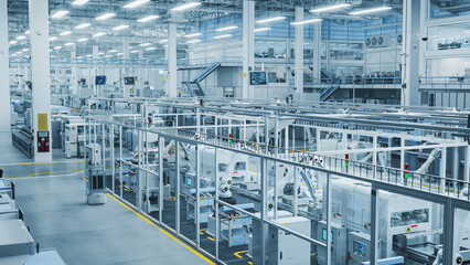 Fototapete - 3D Render: Advanced Robot Arm Conveyor Line Manufacturing Electronics Enclosure Boxes. High Angle Shot with Artificial Intelligence Assembly Line Building HighTech Products for the Technology Industry