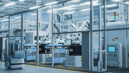 Leinwandbilder - 3D Render Of Electronics Components Manufacture: Automated Robotic Arm Assembly Line in Futuristic Facility with Robots Producing Advanced High Tech Sustainable Parts for Information Technology.