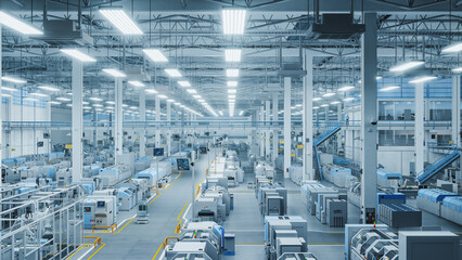 Fototapete - 3D Render: Modern Manufacturing Plant with Advanced Robotic Arms Operating on an Assembly Line with Electronic Components Moving on Conveyor Belts. Elevated Top Angle Shot Of Advanced Facility.