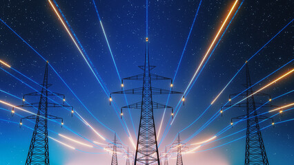 3d render of power transmission lines with 3d digital visualization of electricity. fantastic visual