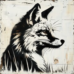 Wall Mural - A painting of a black and white fox, cracked distressed white texture
