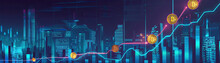 Neon Lit Crypto Coins In A Descending Graph, Bear Shadows Loom, Futuristic City Backdrop