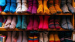 Various woolenwear items such as socks, caps, scarves, mufflers, sweaters, and cardigans neatly stacked for sale in a department store, showcasing the winter fashion collection
