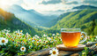 Hot tea on wooden table with beautiful mountain landscape in the spring. Warm cup and glass jugs of tea and tea leaf on the wooden table in the tea plantations background with copy space