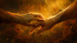 Two human hands are touching in a golden, warm ambiance, invoking themes of connection and humanity