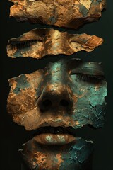 Wall Mural - Digital artwork of three fragmented sculptures that appear to be floating against a dark background