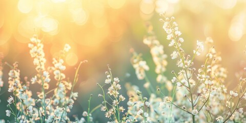 Wall Mural - A bunch of white wildflowers growing in the grass of a vibrant meadow