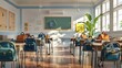 Interior of stylish empty classroom with backpacks and stationery . classroom of a daycare center without children and teacher