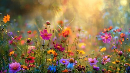 Wall Mural - Spring flowers in early sunny fresh morning. Vintage autumn landscape background. colorful beautiful fall flowers magical 