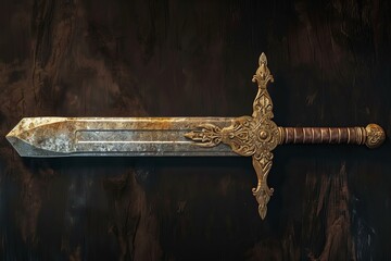 Poster - Ornate Ancient relic sword gold. Handle metal knife battle steel. Generate Ai