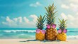 Funny characters pineapples on sunglasses on the beach. Summertime . Couple of attractive pineapples in stylish mirrored sunglasses on the sand against turquoise sea. Tropical summer vacation concept.