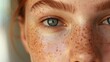 Close-up of female face with freckled skin. High-detailed shot of woman skin applying moisturizer.