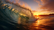 Spectacular Wave at Sunset with Sunbeams and Coastal View