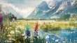 Watercolor summer landscape with wildflowers and majestic mountains, exuding tranquility.