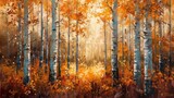 Fototapeta Las - Autumn Birch Forest at Sunset in Oil Painting, immerse in the warm hues and beauty of the changing seasons.