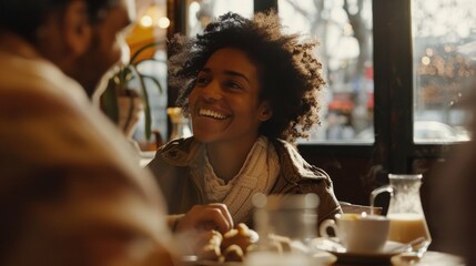 Wall Mural - Happy black woman sharing tender moments with boyfriend over coffee, deep connection in cozy cafe.