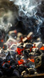 Vertical poster with burning coals in a barbecue perfect background for design or wallpaper and invitation to a barbecue
