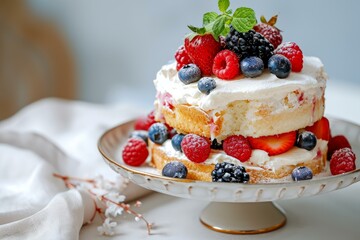 Wall Mural - Light Angel cake dessert with berries. Plate with delicious sponge bakery dessert. Generate ai