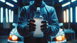 An incognito person stands in a neon-lit environment, confidently presenting a non-branded spray bottle to the camera