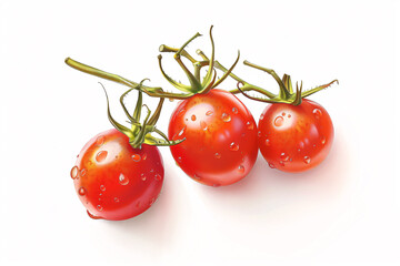 Wall Mural - Ripe red cherry tomatoes hang from a green vine, isolated on a white background