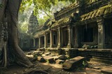 Fototapeta  - Majestic Angkor wat temple illustration. Asia ruin architecture monument face. Generate Ai