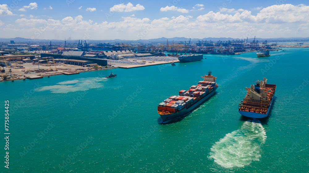 the image provides a stunning aerial view of a bustling cargo ship port, where massive vessels dock and unload their precious cargo.