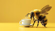 Fleißbiene Hummel trinkt Kaffee braucht Koffein zum Start in den Tag freigestellt isoliert mit gelben einfarbigen Hintergrund Generative AI