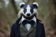 Intelligent Anthropomorphic badger wearing business manager suit. Wildlife creature dressed in office costume. Generate ai