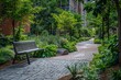 Urban Oasis with Winding Brick Walkway and Wooden Bench