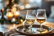 Luxurious Aquavit on Tray, Artistic Bokeh and Glass Reflections