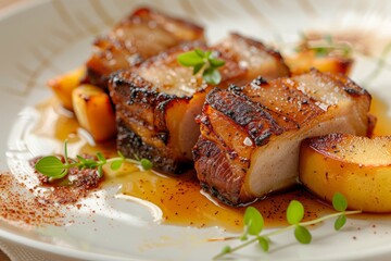 Wall Mural - Fine Dining Pork Belly Dish with Apple Garnish and Sauce