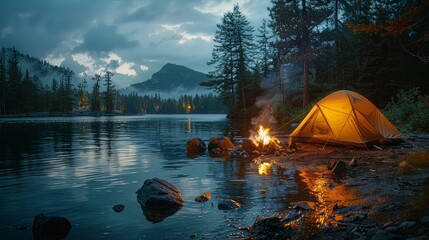 Canvas Print - camping tent and campfire in the woods on the shore of the lake	