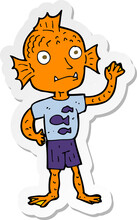 Sticker Of A Cartoon Waving Fish Boy