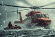 Water rescue operation. A rescue helicopter flies up to a boat with people during a storm. Whirling blades slice through the rain-soaked air, as the rescue heli approaches the boat in peril.