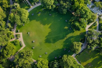 Wall Mural - A birds eye view of a park filled with numerous trees creating a lush green canopy over open lawns, showcasing the park as a vital community gathering space