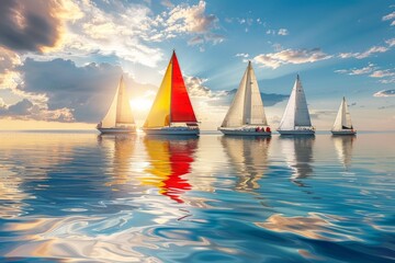 Wall Mural - A group of sailboats racing on calm water, creating reflections on the surface as they move