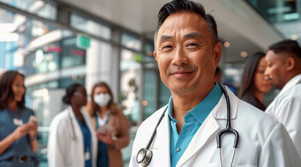 Wall Mural - Middle aged asian man doctor in white uniform with stethoscope on his neck looking at camera and smiling. General Practitioner occupation.