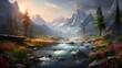 Panorama of a mountain river in the valley at sunset. Mountain landscape with a mountain river.