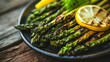 Freshly Cooked Green Asparagus with Lemon on Rustic Plate