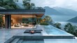 Modern exterior of a luxury villa in a minimal style. Glass house in the mountains. Magnificent mountain views from the veranda of a modern villa. Luxury glamping