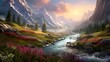 Panoramic landscape of a mountain river with pink flowers in the foreground