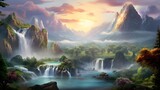 Digital painting of a beautiful waterfall in the mountains at sunset. Panorama