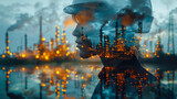 Fototapeta  - Double exposure of woman in gas mask and oil refinery. Concept of industry 4.0