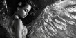 Black and white photo of a woman with wings, suitable for various design projects