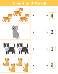 Wall Mural - Counting educational children game. Math kids activity sheet. How many counting game with cute cat illustration.	