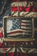 Wall Mural - Vintage television set with patriotic American flag displayed on screen. Perfect for historical or patriotic themes